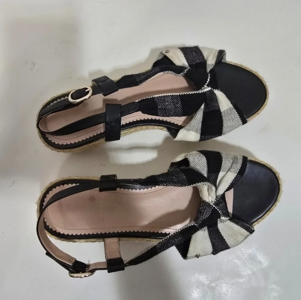 Kate Spade Black White Brown Plaid Bow Front Espadrille wedge sandals